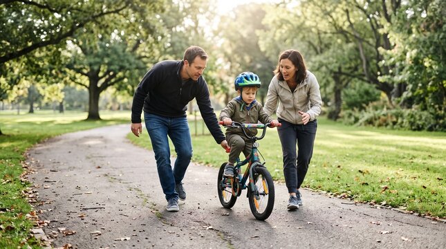 Parents helping their child learn bicycle riding during a family outdoor activity.