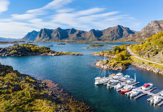 Scenic Lofoten east coast along Fylkesvei 815 with rugged mountains