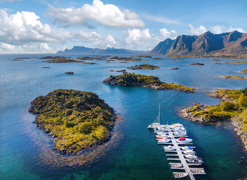 Scenic Lofoten east coast along Fylkesvei 815 with rugged mountains