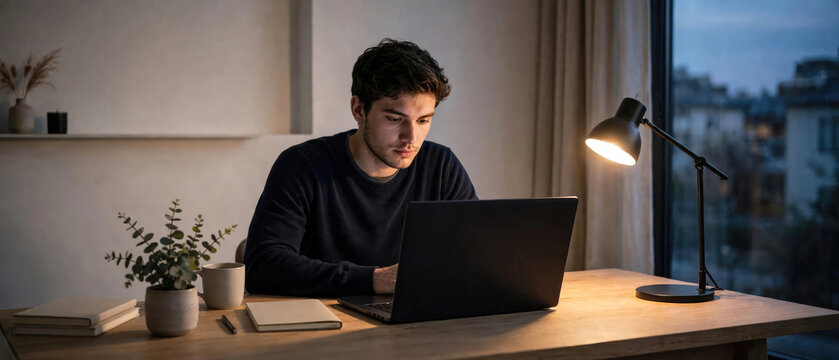 Young man working on laptop computer in home office at night with desk lamp lighting