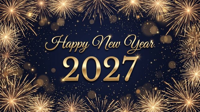 Happy new year 2027 celebration with fireworks and sparkles