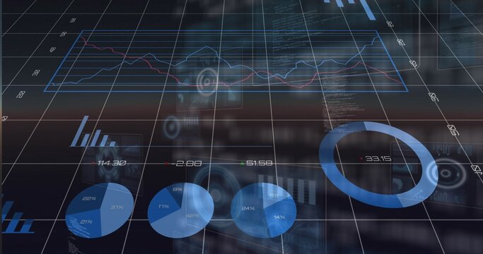 Displaying futuristic dashboard floating on grid, showing large line, donut, pie charts and HUD