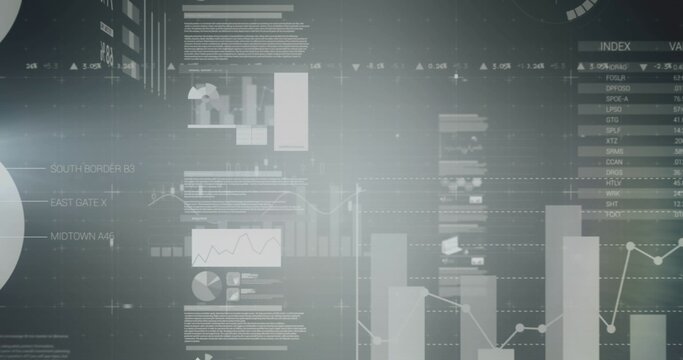 Displaying data dashboard showing vertical bar charts, line graphs with points, pie chart on HUD