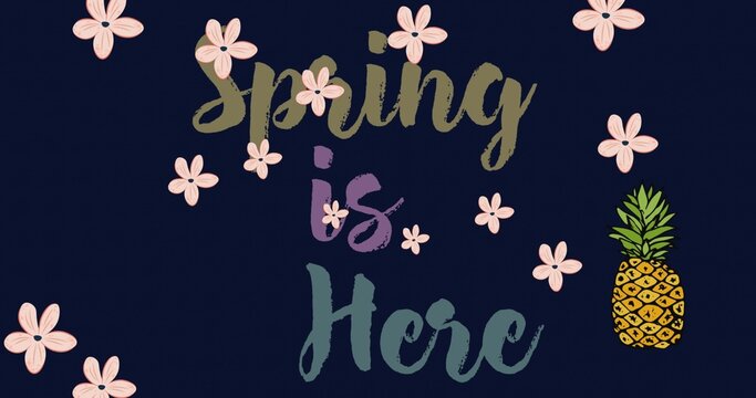 Showing handlettered spring greeting at center on dark navy background with flowers and pineapple
