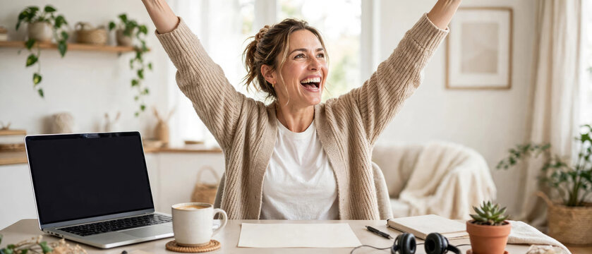 Happy woman celebrating success with arms raised while working on laptop in bright home office