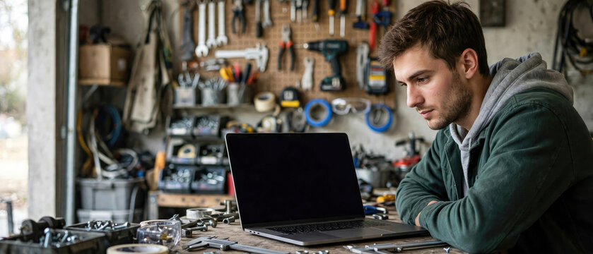 Young man using laptop in a cluttered workshop surrounded by various metal hand tools and equipment