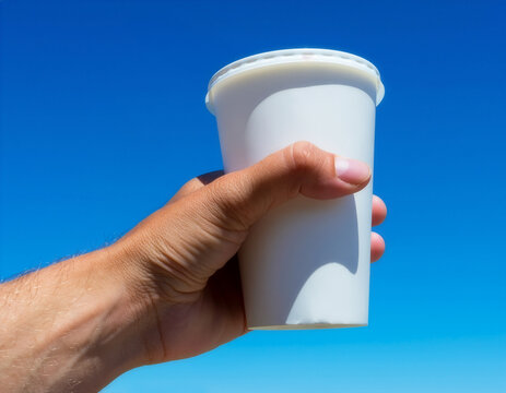 Blank white takeaway cup mockup with a lid held against blue sky