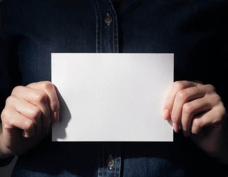 Person holding a blank white paper sheet mockup in front of a denim shirt