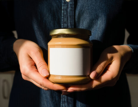 Peanut butter jar mockup with a blank white label held in front of a denim shirt