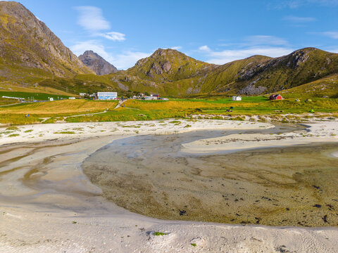 Aerial view of Haukland Beach with  rugged mountains in the Lofoten Islands