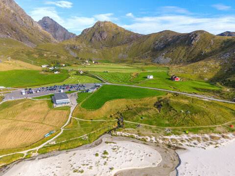 Aerial view of Haukland Beach with  rugged mountains in the Lofoten Islands