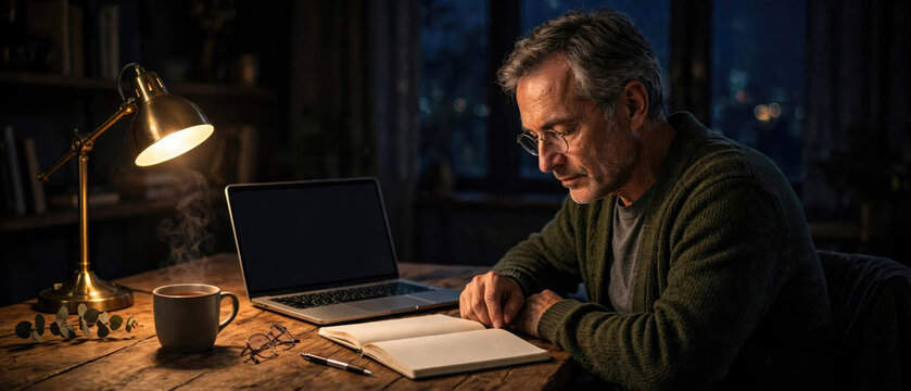 Mature man reading book and working on laptop at night in dimly lit home office