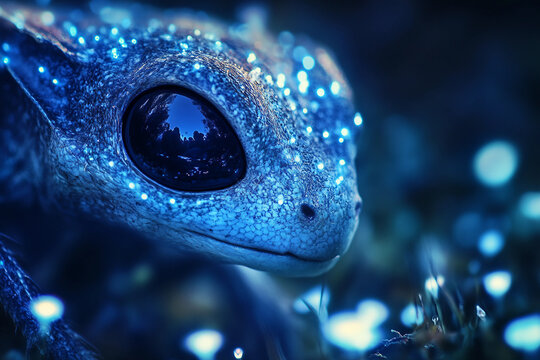 Generative AI portrait of glowing blue alien humanoid with textured skin and cosmic eyes in a futuristic sci fi atmosphere