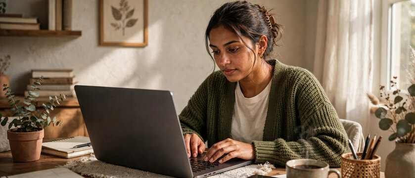 Young woman working on laptop at home office desk, focused professional typing on computer in cozy sunlit room