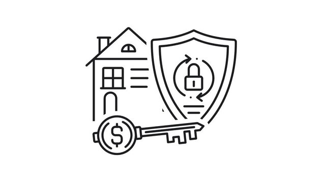 House mortgage security shield and key line art icon animation