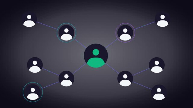 User Icons Forming a Branching Social Network on a Dark Background