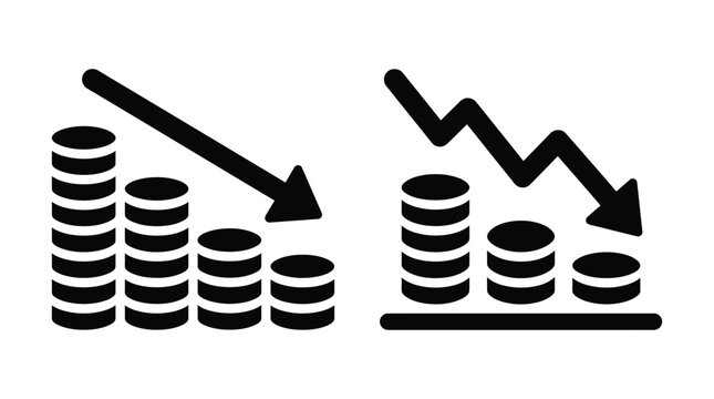 Stacks of coins with downward arrows represent financial decline