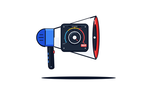 Blue megaphone with maximum volume control dial vector illustration on transparent background