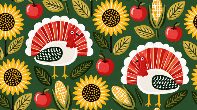 Seamless pattern with  cartoon  turkey bird, apple, sunflower, corn, Thanksgiving concept, flat design