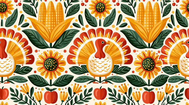 Seamless pattern with turkey bird, apple, sunflower, corn, Thanksgiving concept, flat design