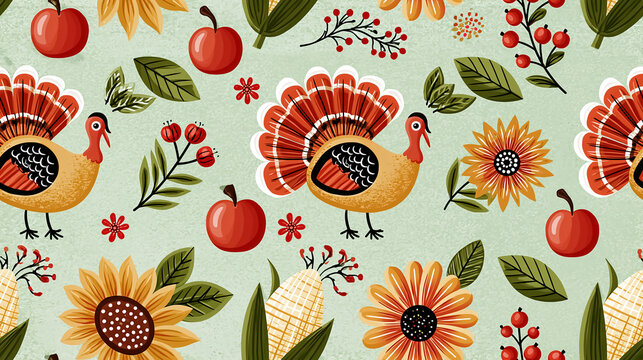 Seamless pattern with turkey bird, apple, sunflower, corn, Thanksgiving decoration 