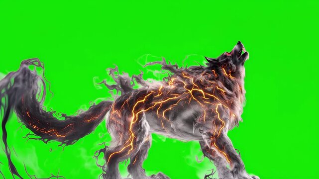 Terrifying fantasy demon wolf howling with glowing red eyes, sharp fangs and fiery lava cracks across dark smoky fur, supernatural monster creature animation on green screen background