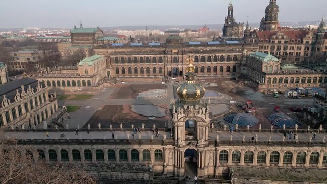 Dresden Germany aerial view of historic Zwinger Palace complex and Kronentor a magnificent Baroque architectural landmark from the city center