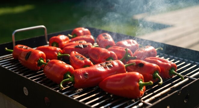 Red bell peppers grilling over hot charcoal, with smoke and a wooden deck in the background
