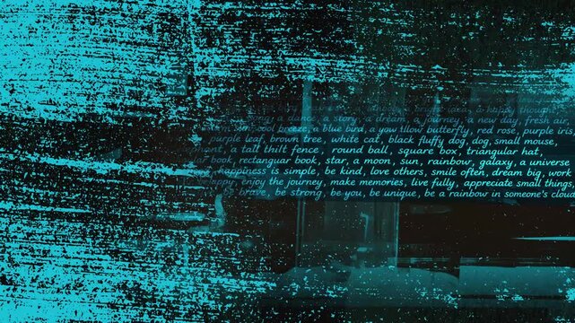 An abstract, dynamic, bright cyan background with blocks of text in neat, small handwriting and geometric elements beneath paint strokes, a looping background for a substrate.
