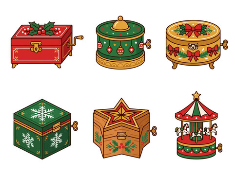 Christmas music box vector set. Six vintage wind-up designs. Holiday jingle toys and festive gift icons for winter card illustrations Vector