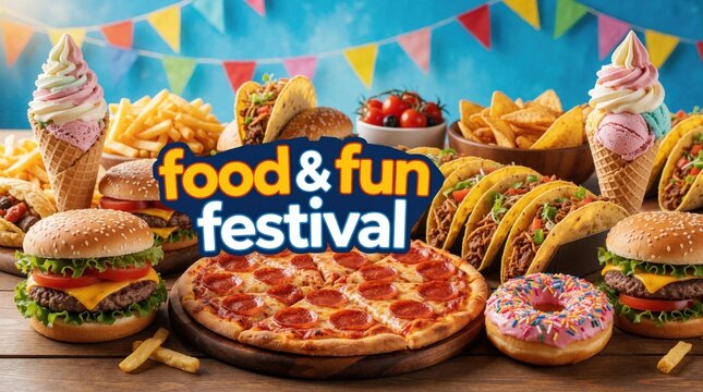Variety of delicious fast food on wooden table at festival. Tasty pizza, burgers, tacos, fries, ice cream, donuts for party. Colorful bunting flags background under blue sky. People enjoy yummy snack