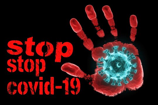 Red glowing hand stops blue coronavirus molecule on black background. Stylized concept of pandemic control, epidemic prevention. Stop covid 19 text shows urgent medical warning. 3D render