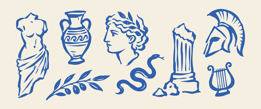 Ancient Greece Hand Drawn Ink Sketch Set with Greek Statues, Amphora and Helmet