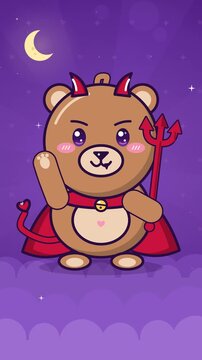Cute Bear Devil Waving Trident on Purple Cloud Night Background