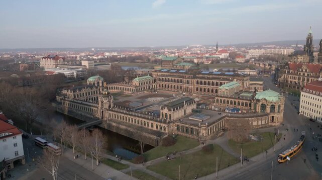 Aerial drone shot of Dresden Zwinger Palace a Baroque architectural masterpiece in the city center Germany historical landmark daytime cityscape