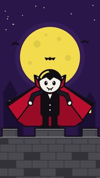 Cute cartoon vampire spreading cape on castle balcony under full moon