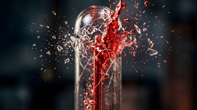 Thermometer with red mercury bursting out in extreme heat, climate crisis and high temperature concept