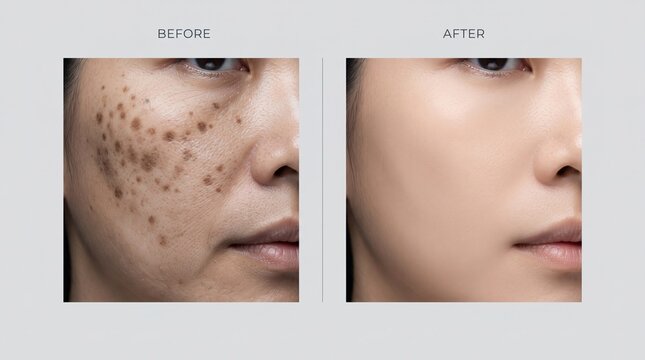 Close-up split comparison of Asian woman cheek with freckles and brown spots before and after laser whitening therapy