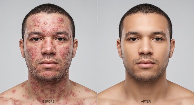 Before and after portrait of young man with severe cystic acne on face, neck, and shoulders after dermatology therapy