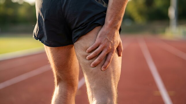 Athlete holding injured hamstring muscle after running on outdoor track during sports training session