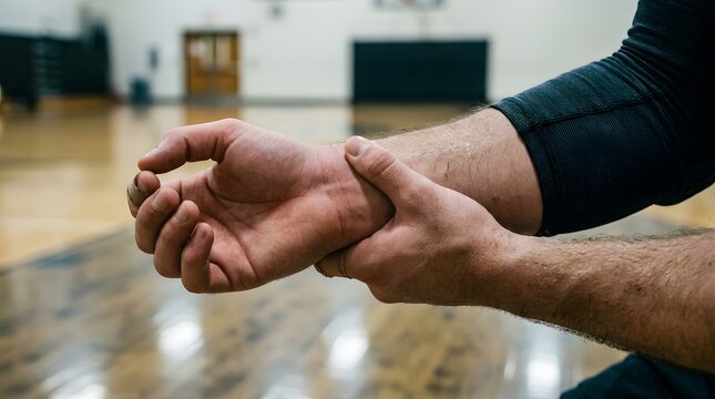 Close up of athlete holding painful wrist after sports injury during training in indoor gymnasium