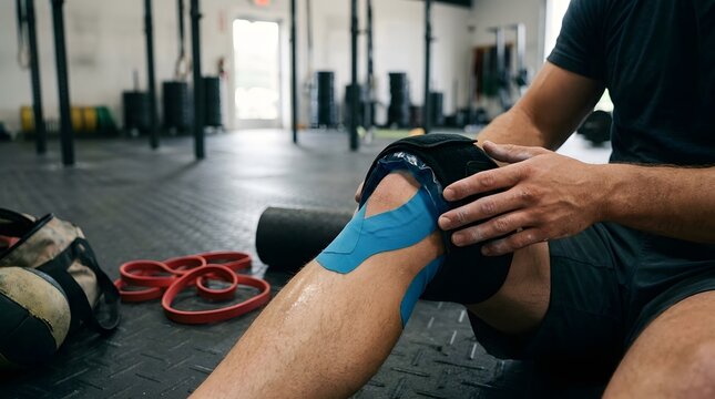 Athlete applying knee brace and kinesiology tape for joint support and injury recovery in a gym setting
