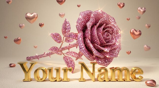 Sparkling pink diamond rose flower with floating hearts, luxurious golden your name lettering, romantic valentine background