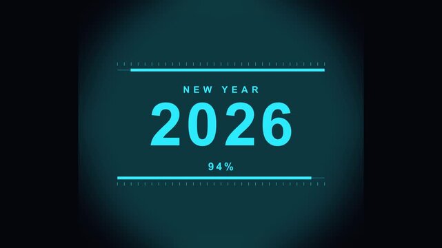 Modern digital interface showing a new year 2026 to 2027 countdown with twenty eight percent loading bar status an electronic progress indicator for the upcoming presented in a clean blue