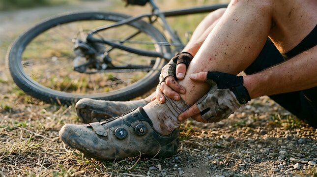 Cyclist holding injured leg after falling from bicycle on gravel path during outdoor training session