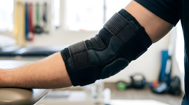 Close up of patient arm wearing black orthopedic elbow brace for recovery in physical therapy clinic