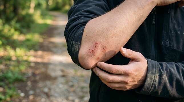 Close up of a person with a scraped elbow injury after a fall while hiking on a forest trail outdoors