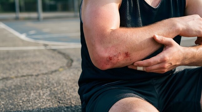 Athlete holding injured arm with visible abrasion during outdoor sports practice on asphalt court