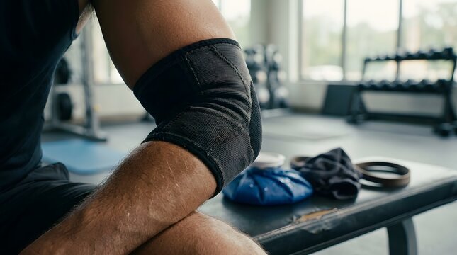 Athlete wearing knee support brace during gym workout for injury prevention and recovery