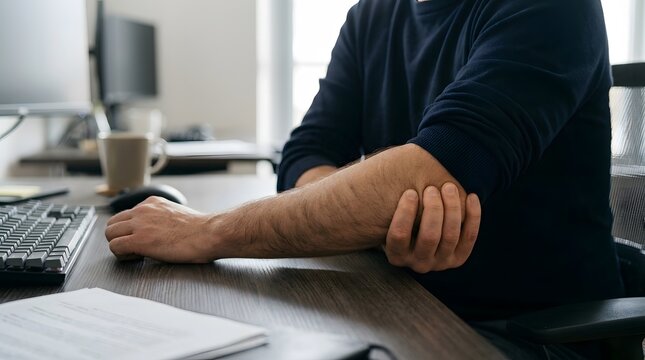 Man holding elbow in pain while working at office desk with computer keyboard and mouse close up